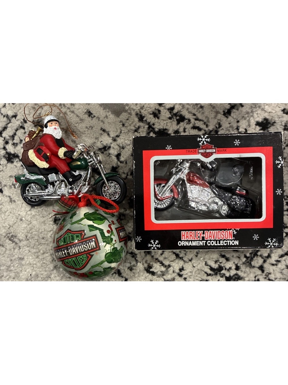Harley-Davidson Red, Green & Silver Motorcycle Ornament Trio